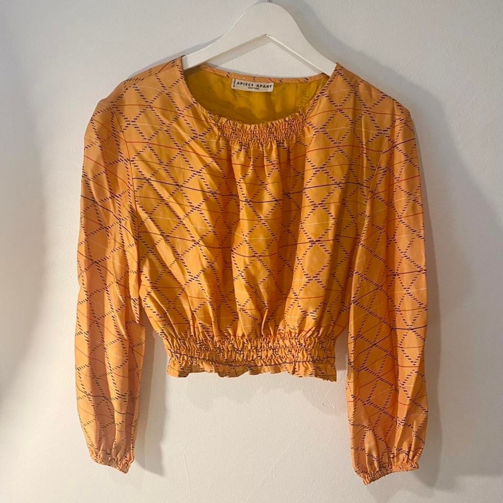 Apiece Apart Pattern Silk Smocked Blouse Cropped